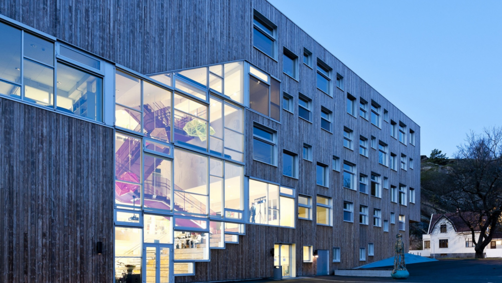 Innovativer Schulbau: Modernes Gebäudedesign der Mesterfjellet-Schule mit kreativer Fensteranordnung."