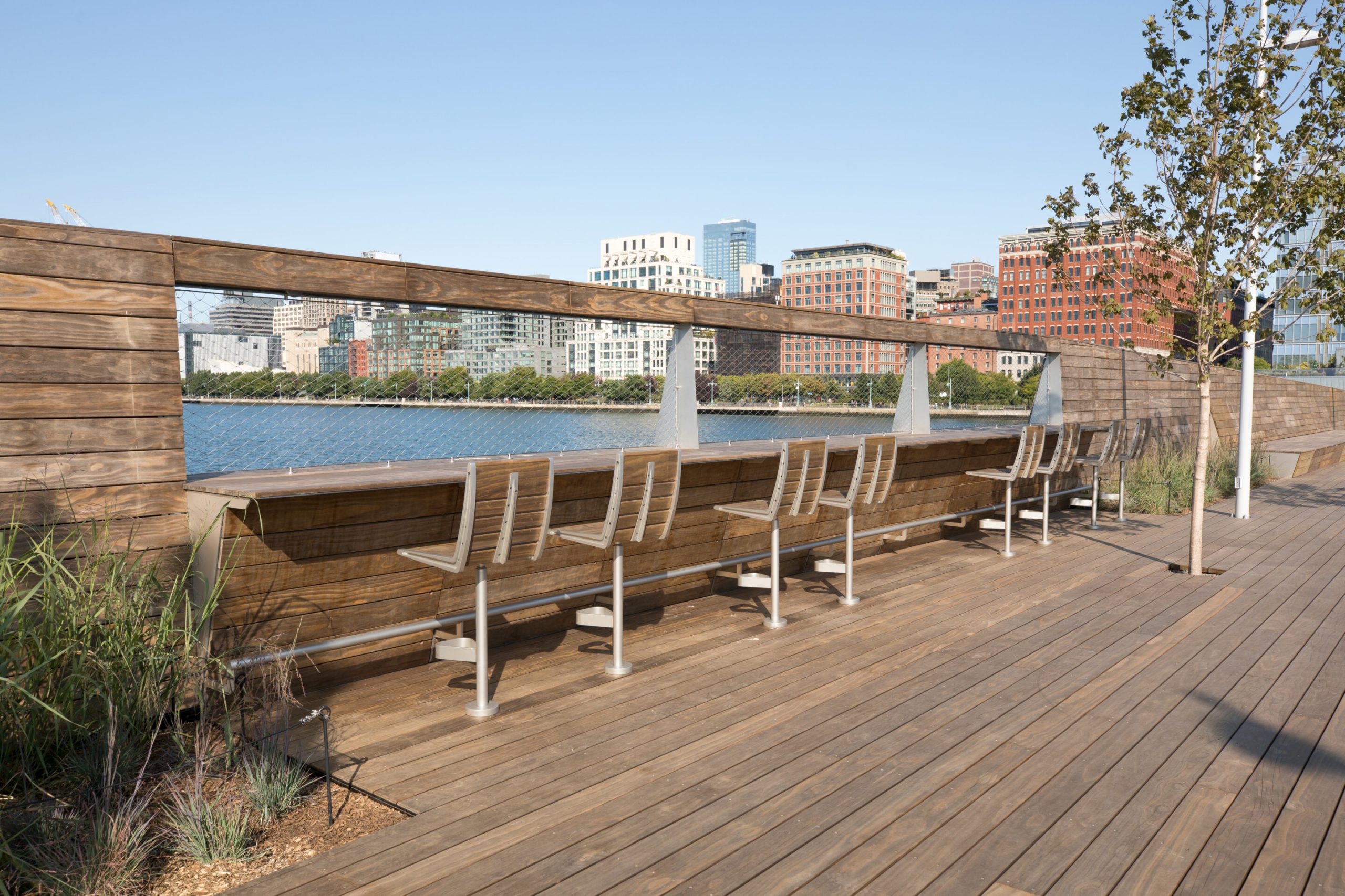 Pier 26 in Manhatten with seating area in waterfront.